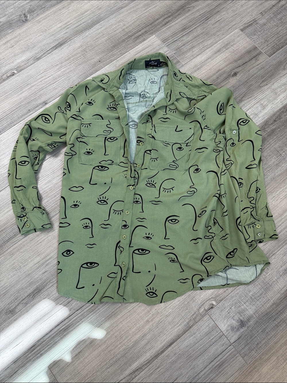 Abstract Face Print Button-Up Shirt - Olive Green